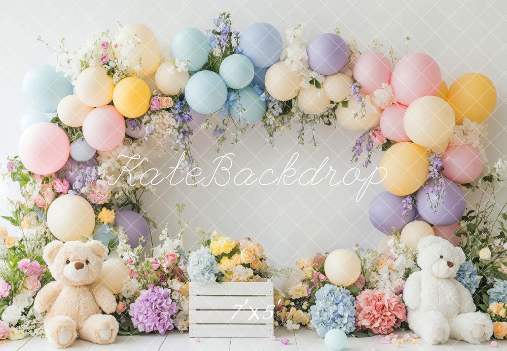 Kate Luftballon Blumenbogen Teddybär Hintergrund Entworfen von Patty Robert - Kate Backdrop.de