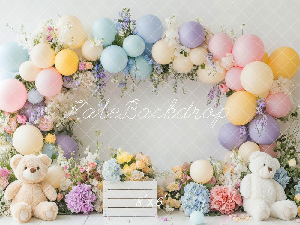 Kate Luftballon Blumenbogen Teddybär Hintergrund Entworfen von Patty Robert - Kate Backdrop.de