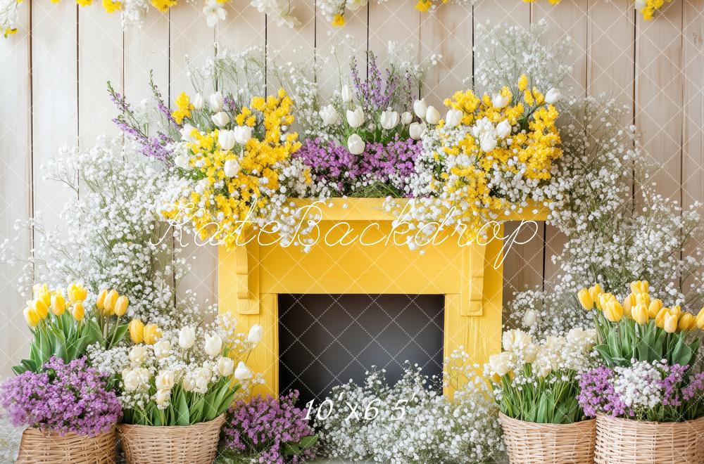 Kate Frühling Blumen Gelber Kamin Hintergrund Entworfen von Patty Robert - Kate Backdrop.de
