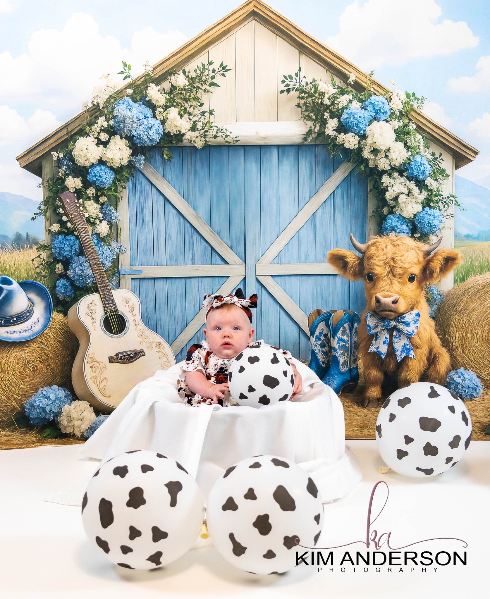 Kate Sommer Land im Freien Scheune Blumen Kuh Hintergrund von Ashley Paul - Kate Backdrop.de