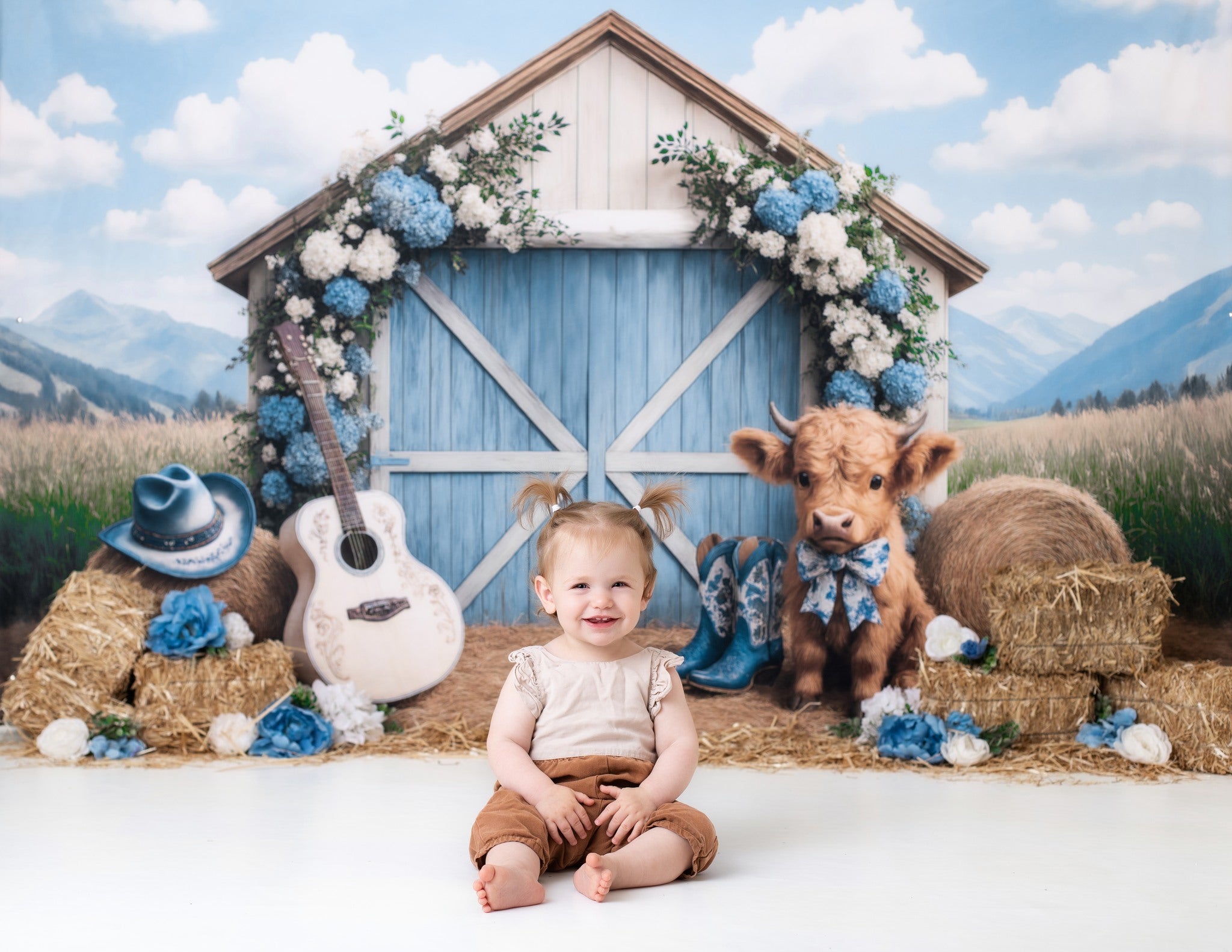 Kate Sommer Land im Freien Scheune Blumen Kuh Hintergrund von Ashley Paul - Kate Backdrop.de