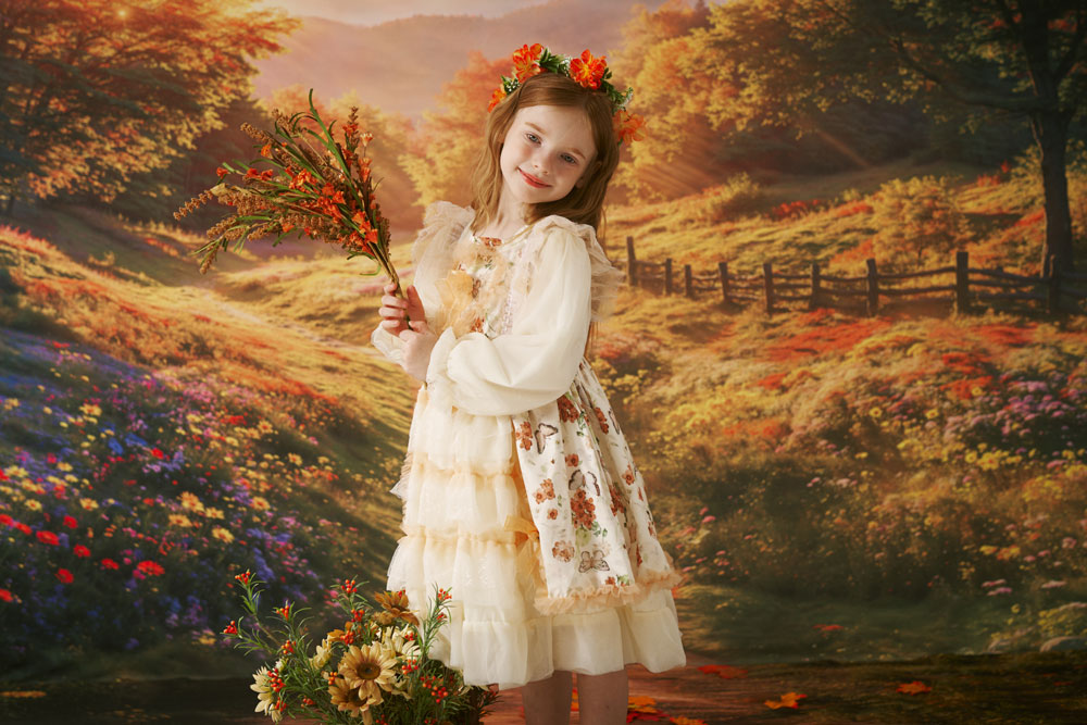Kate Herbst Wald Blumen Pathway Sonnenuntergang Hintergrund+Sommerblumenweg Boden Hintergrund - Kate Backdrop.de