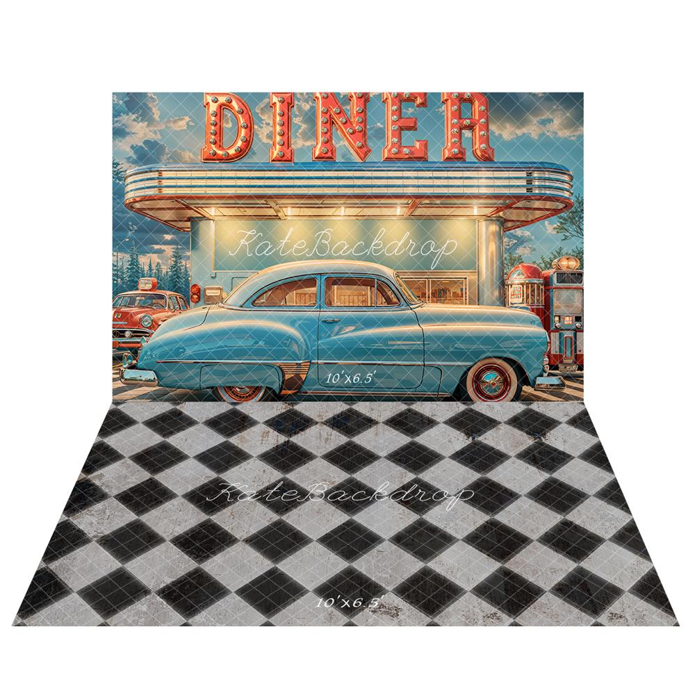 Kate Retro Diner Oldtimer Blau Hintergrund+Rusty Backdrop Schwarz Schmutzig Weiß Grid Boden Hintergrund