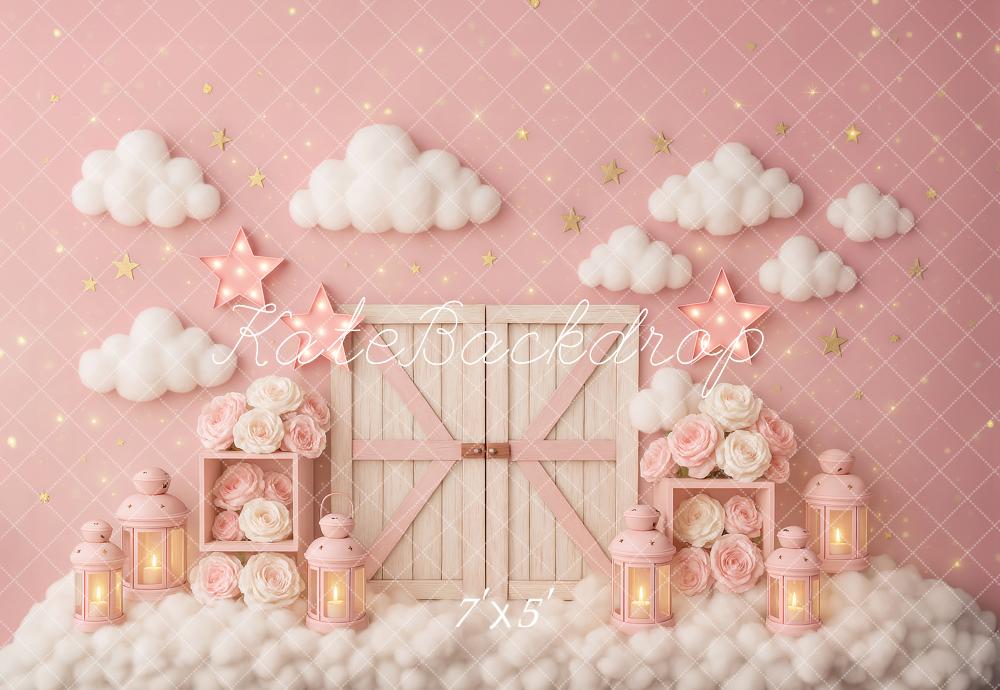 Kate Cake Smash Rosa Wolken Scheune Tür Sterne Hintergrund von Ashley Paul - Kate Backdrop.de