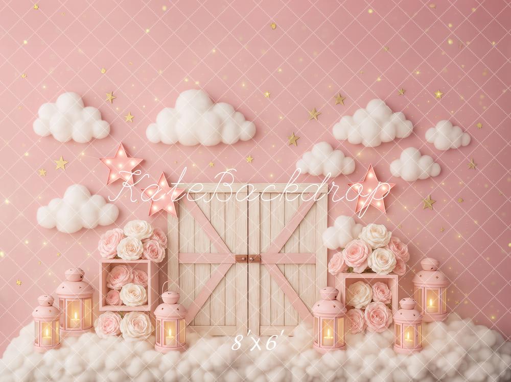 Kate Cake Smash Rosa Wolken Scheune Tür Sterne Hintergrund von Ashley Paul - Kate Backdrop.de