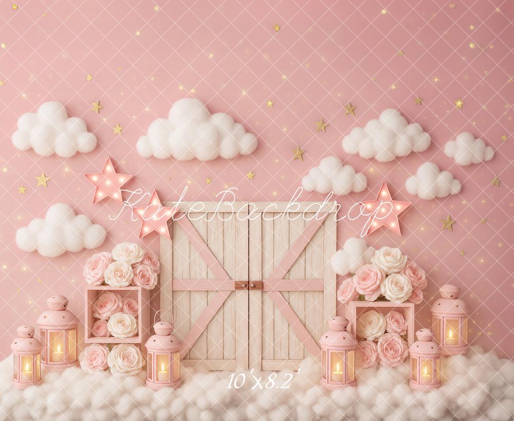 Kate Cake Smash Rosa Wolken Scheune Tür Sterne Hintergrund von Ashley Paul - Kate Backdrop.de
