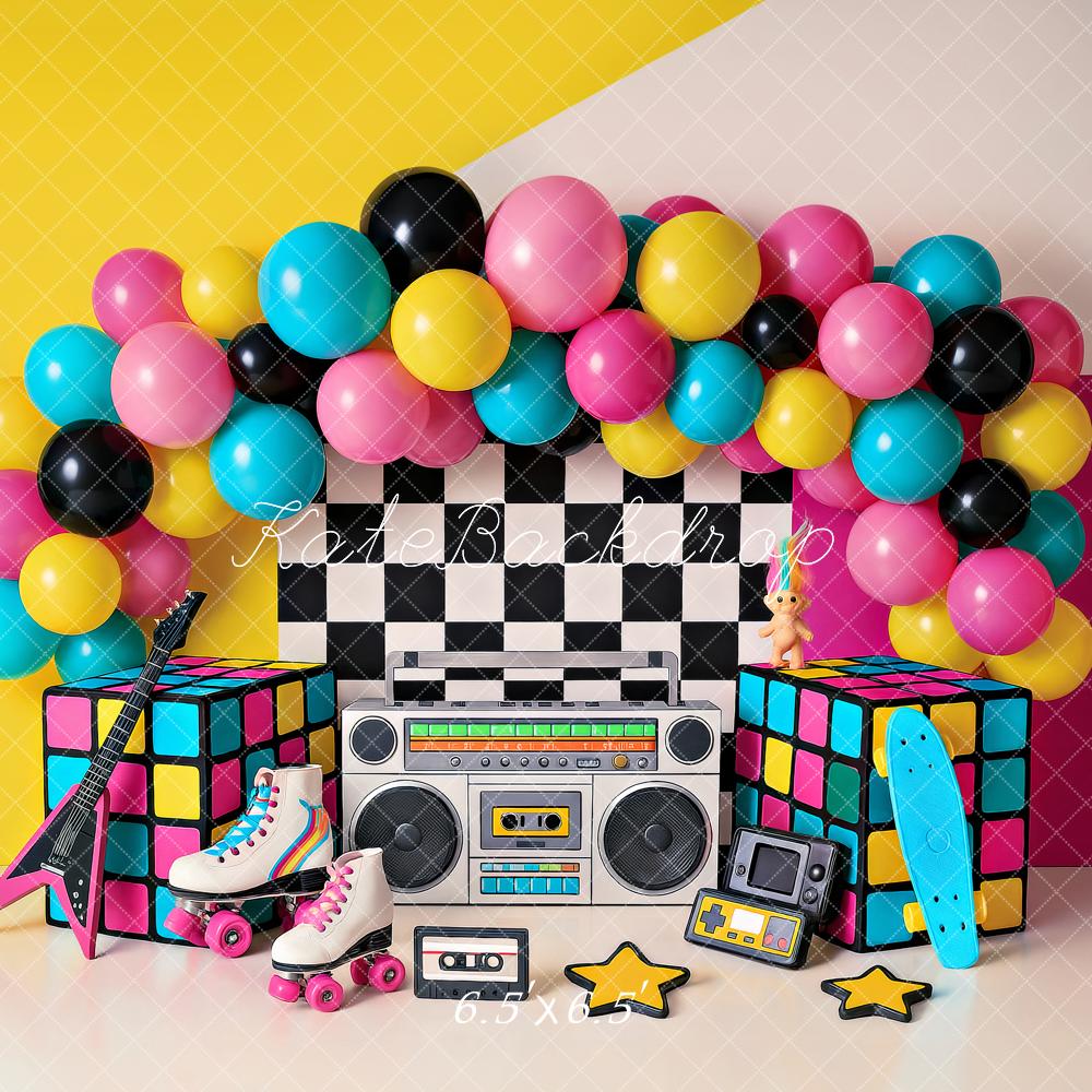 Kate Geburtstag 90er Retro Partei Luftballons Box Hintergrund von Ashley Paul - Kate Backdrop.de