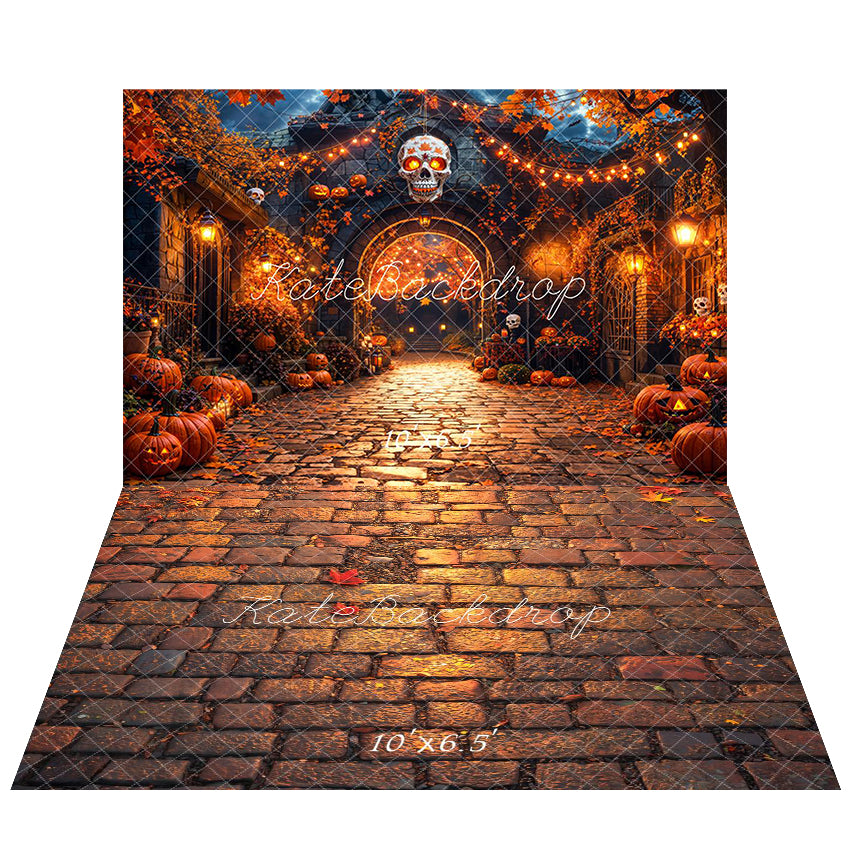 Kate Halloween Stadt Kürbis Schädel Lichter  Hintergrund+Herbst Kopfsteinpflaster Blätter Boden Hintergrund - Kate Backdrop.de