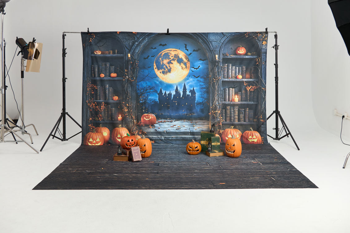 Kate Halloween Stadt Kürbis Schädel Lichter  Hintergrund+Herbst Kopfsteinpflaster Blätter Boden Hintergrund