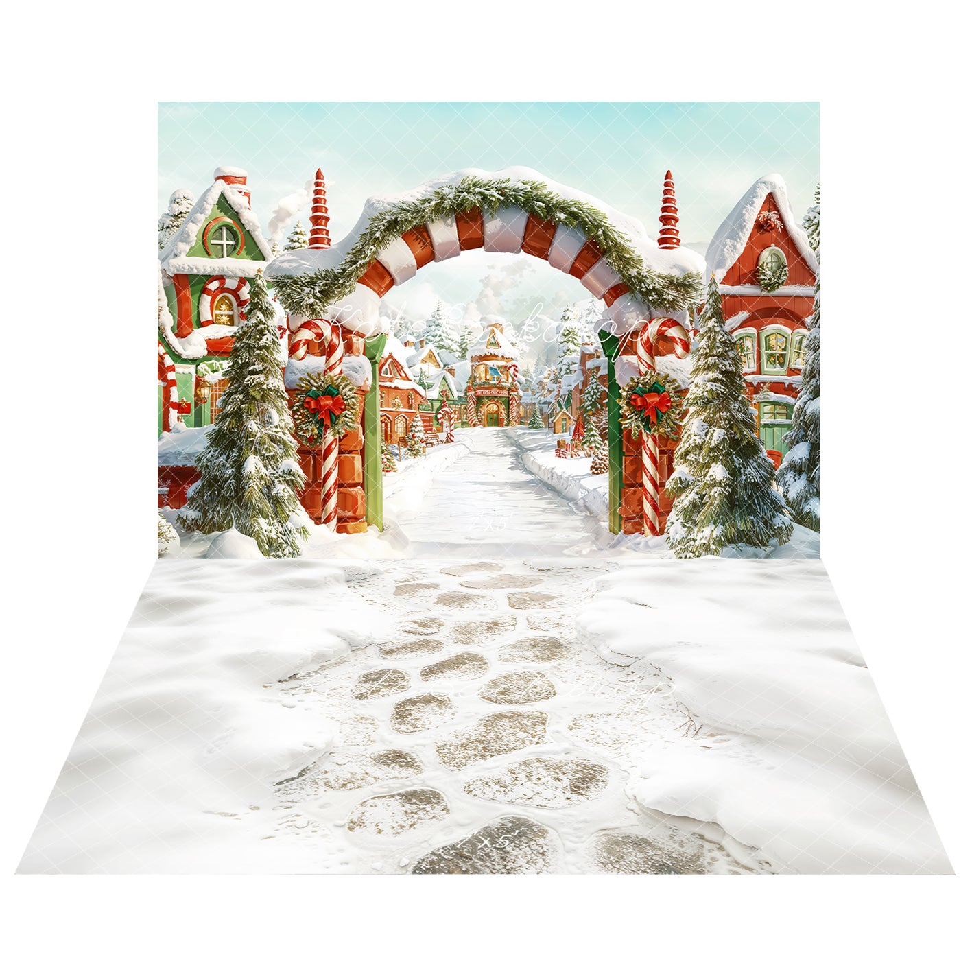 Kate Weihnachten Schnee Dorf Bogen Hintergrund+Stein Schnee Boden Kulisse für Fotografie Hintergrund