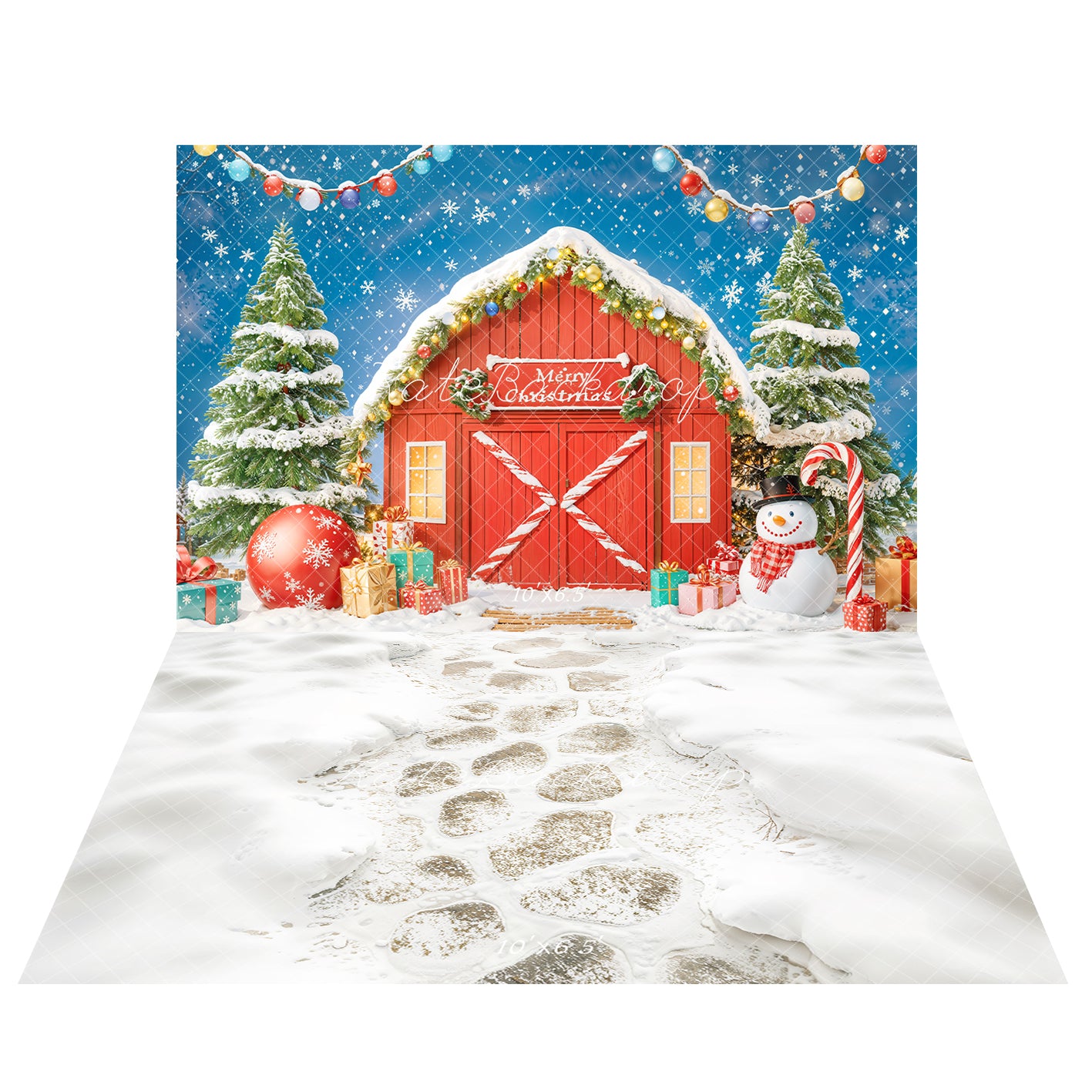 Kate Weihnachten Baum Scheune Schneemann Ornamente Hintergrund+Winter Schnee Kopfsteinpflaster Weg Boden Hintergrund - Kate Backdrop.de