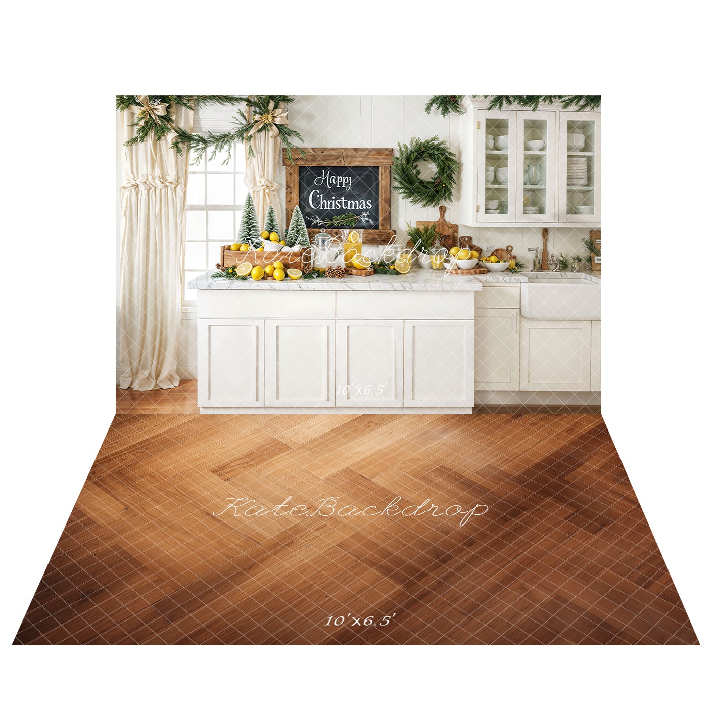 ⚡Blitzangebote #1-Kate Weihnachten Weiße Küchenschränke Zitronen Hintergrund+Boden mit Holzstruktur Hintergrund - Kate Backdrop.de