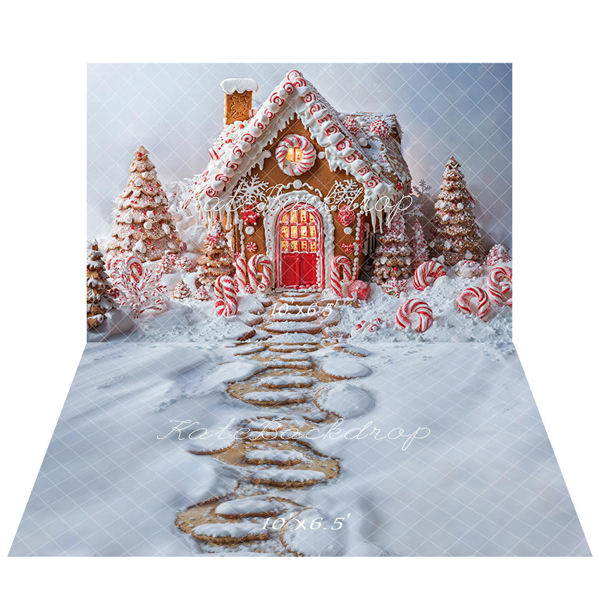 ⚡Blitzangebote #2-Kate Weihnachten Baum Pfefferkuchenhaus Zuckerstange Hintergrund+Verschneiter Trittsteinpfad Boden Hintergrund - Kate Backdrop.de