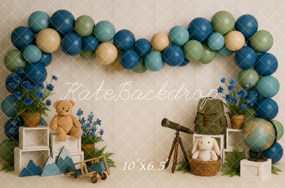 Kate Cake Smash Abenteuer Teleskop Teddy Luftballon Hintergrund Entworfen von Patty Robert - Kate Backdrop.de