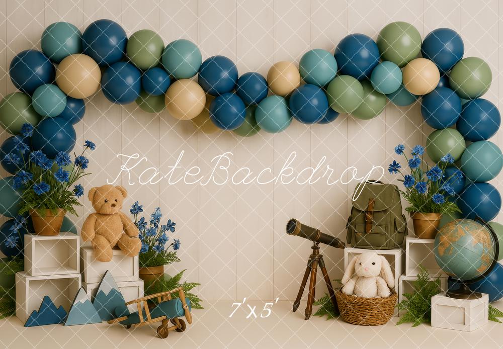 Kate Cake Smash Abenteuer Teleskop Teddy Luftballon Hintergrund Entworfen von Patty Robert - Kate Backdrop.de