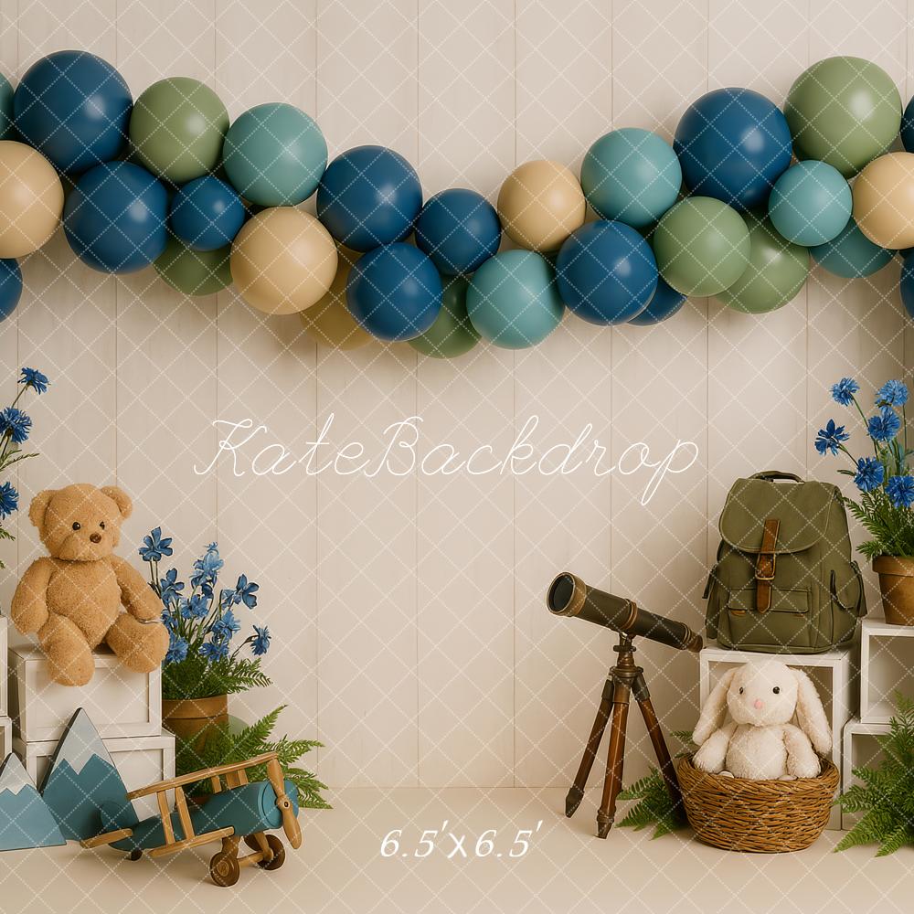 Kate Cake Smash Abenteuer Teleskop Teddy Luftballon Hintergrund Entworfen von Patty Robert - Kate Backdrop.de