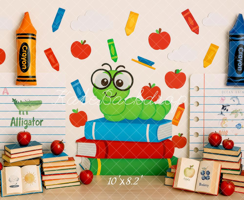 ⚡Flash Sale-Kate Zurück zu Schule Bücher Wurm Buntstifte Hintergrund - Kate Backdrop.de