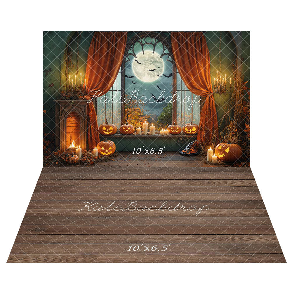 Kate Halloween Mond Kürbis Laterne Kerzen Hintergrund+Holz Brauner Boden Hintergrund - Kate Backdrop.de