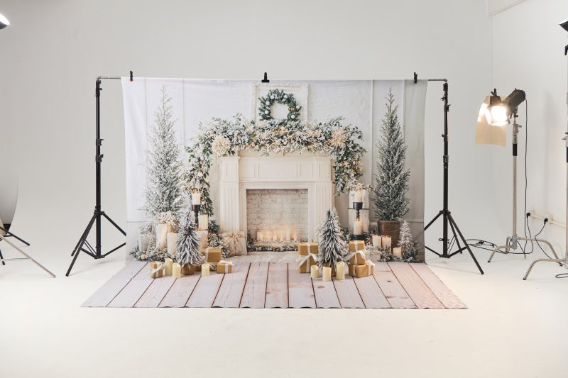 Kate Weiße Weihnachten Kamin Girlande Kerzen Hintergrund entworfen von Emetselch - Kate Backdrop.de