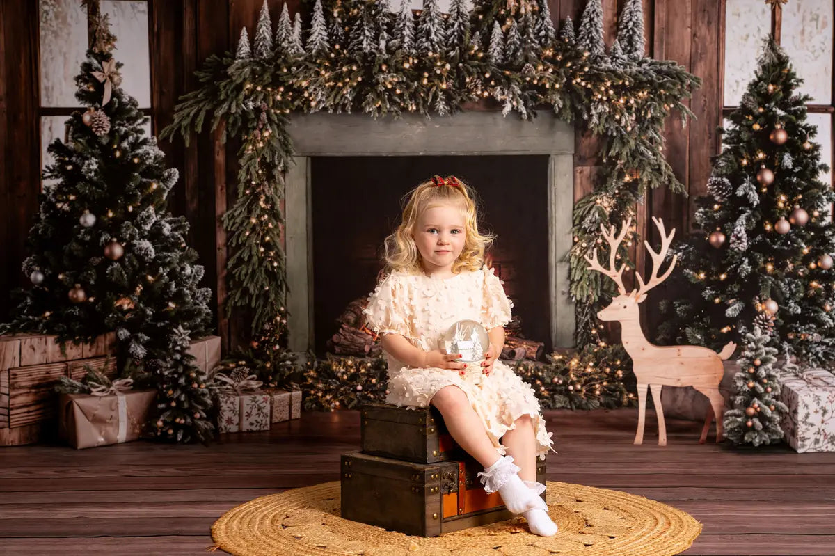 Kate Weihnachten Baum Holzkamin Kranz Hirsch  Hintergrund+Holz Brauner Boden Hintergrund - Kate Backdrop.de