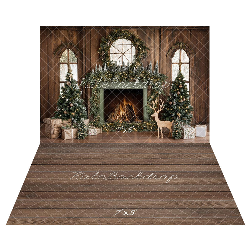 ⚡Flash Sale-Kate Weihnachten Baum Holzkamin Kranz Hirsch  Hintergrund+Holz Brauner Boden Hintergrund - Kate Backdrop.de