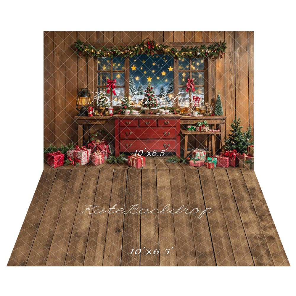 Kate Weihnachten Innen Rustikal Schrank Fenster Geschenke Hintergrund+Rustikale Holzdiele Brauner Boden Hintergrund - Kate Backdrop.de