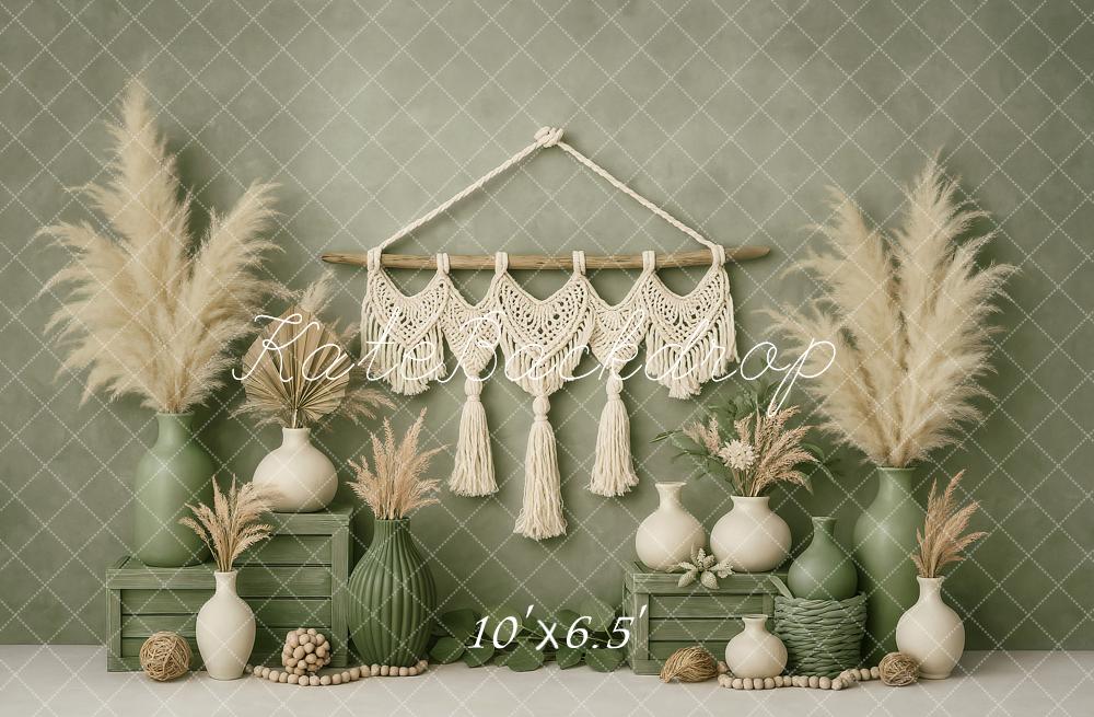 Kate Boho Mini Grün Makramee Vase Hintergrund von Ashley Paul - Kate Backdrop.de