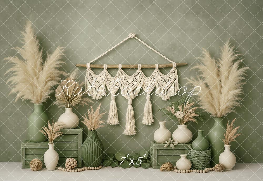 Kate Boho Mini Grün Makramee Vase Hintergrund von Ashley Paul - Kate Backdrop.de