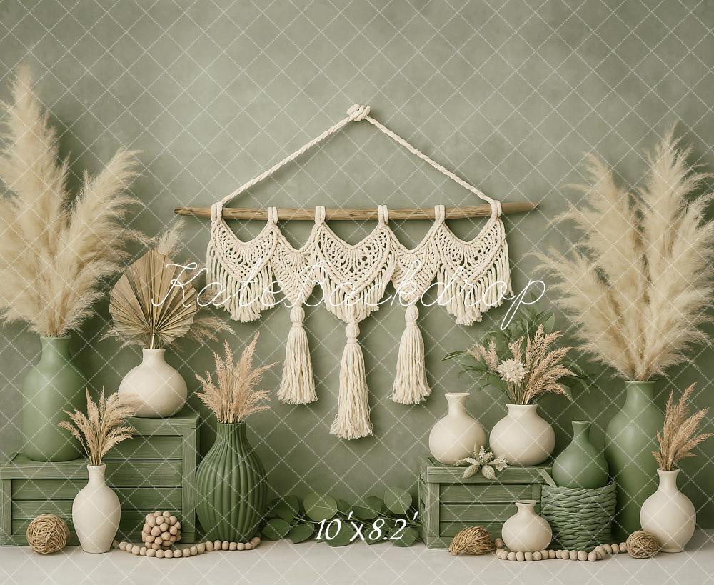Kate Boho Mini Grün Makramee Vase Hintergrund von Ashley Paul - Kate Backdrop.de