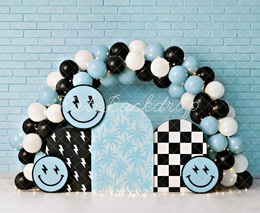 ⚡Flash Sale-Kate Cake Smash Smiley Blauer Ballonbogen Hintergrund - Kate Backdrop.de