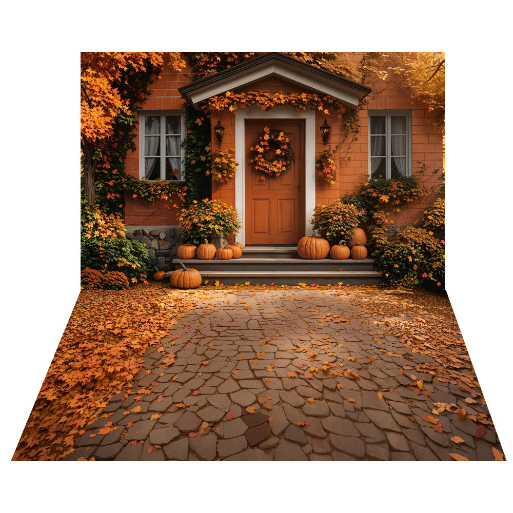 Kate Herbst Kürbis Haus Türöffnung Ahornblätter Hintergrund+Herbst Kopfsteinpflaster Blätter Boden Hintergrund - Kate Backdrop.de
