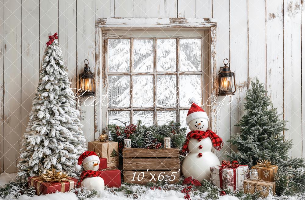 Kate Weihnachten Baum Schneemann Fenster Holz Hintergrund entworfen von Emetselch - Kate Backdrop.de