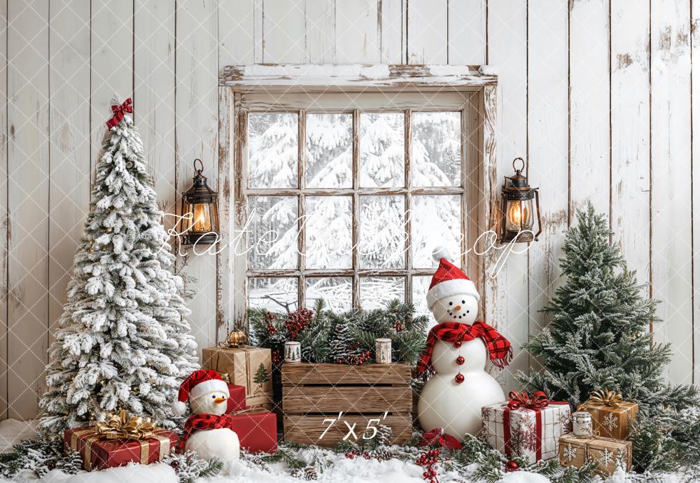 Kate Weihnachten Baum Schneemann Fenster Holz Hintergrund entworfen von Emetselch - Kate Backdrop.de