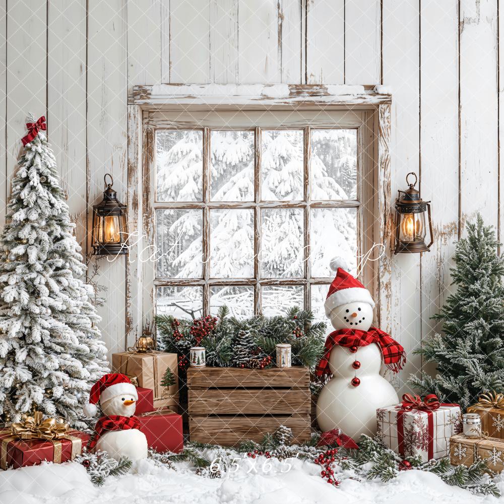Kate Weihnachten Baum Schneemann Fenster Holz Hintergrund entworfen von Emetselch - Kate Backdrop.de