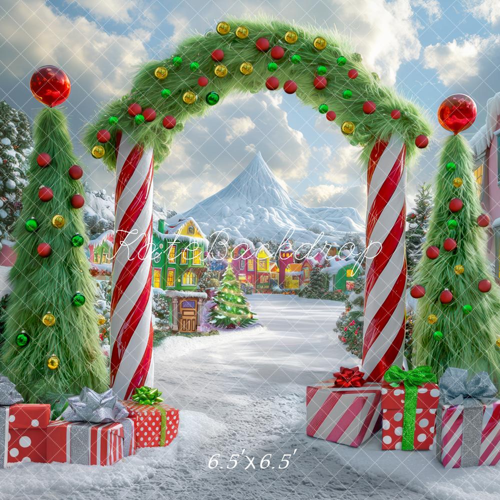 ⚡Blitzangebote #2-Kate Weihnachten im Freien Baum Süßigkeitenland Bogen Dorf Hintergrund - Kate Backdrop.de