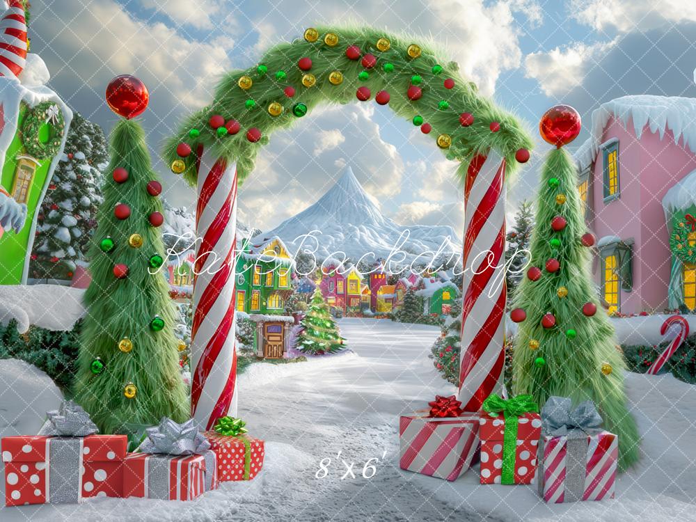 ⚡Blitzangebote #2-Kate Weihnachten im Freien Baum Süßigkeitenland Bogen Dorf Hintergrund - Kate Backdrop.de