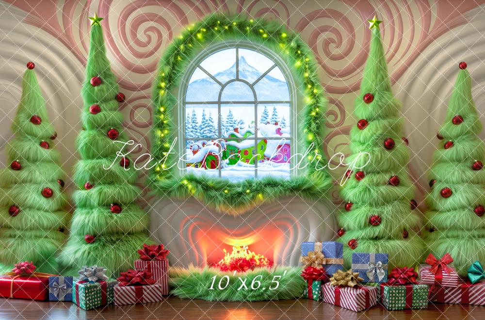 Kate Weihnachten Baum Süßigkeiten Land Fenster Kamin Hintergrund Entworfen von Mini MakeBelieve - Kate Backdrop.de
