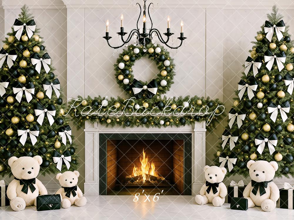 Kate Weihnachten Baum Kamin Teddybär Bogen Hintergrund von Ashley Paul - Kate Backdrop.de