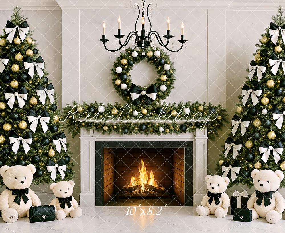 Kate Weihnachten Baum Kamin Teddybär Bogen Hintergrund von Ashley Paul - Kate Backdrop.de