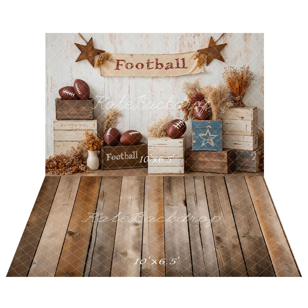 ⚡Blitzangebote #1-Kate Herbst-Fußball Rustikale Holzkisten Hintergrund+Brauner alter Holzboden Hintergrund - Kate Backdrop.de