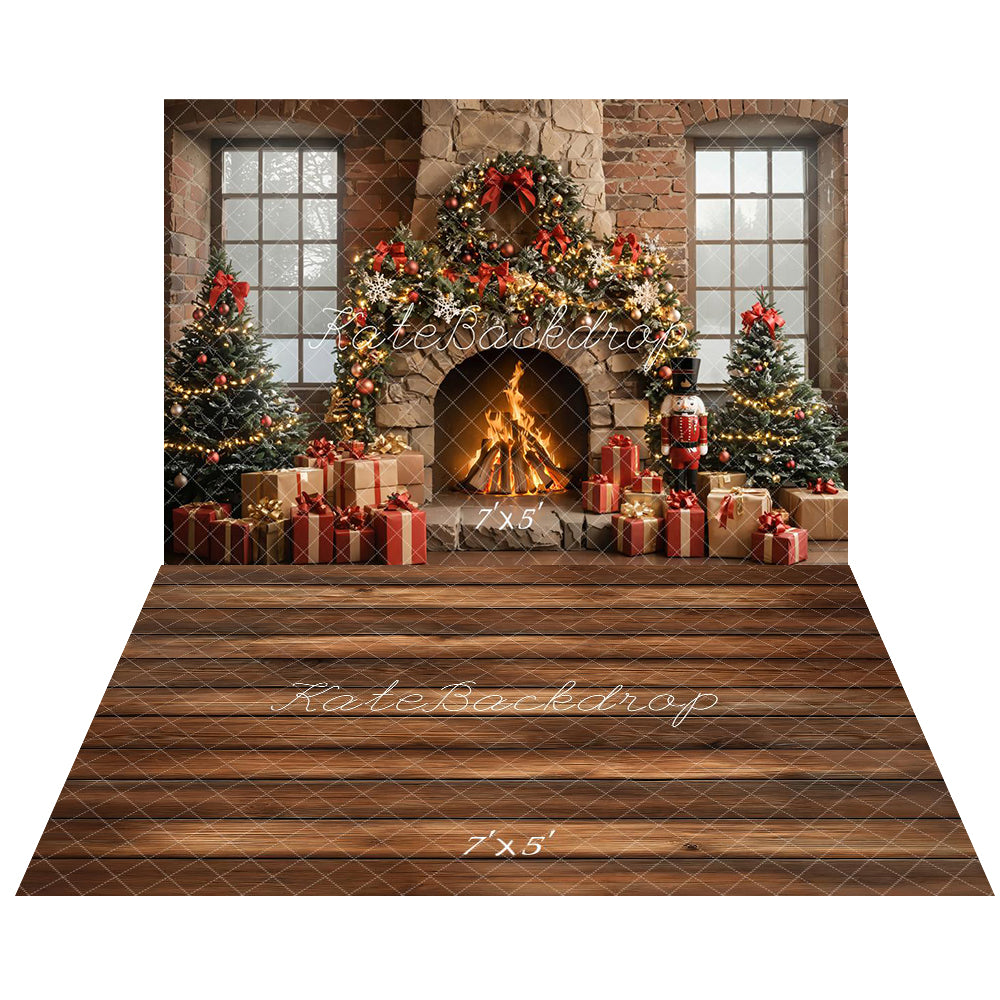 ⚡Blitzangebote #1-Kate Weihnachten Baum Kamin Nussknacker Girlande Hintergrund+Braun Holzboden Hintergrund - Kate Backdrop.de
