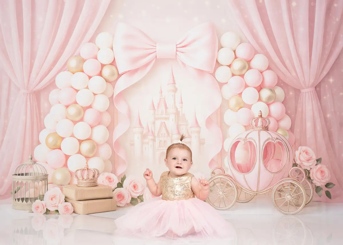 Kate Prinzessin Schloss Ballons Rosa Hintergrund Entworfen von Ashley Paul - Kate Backdrop.de