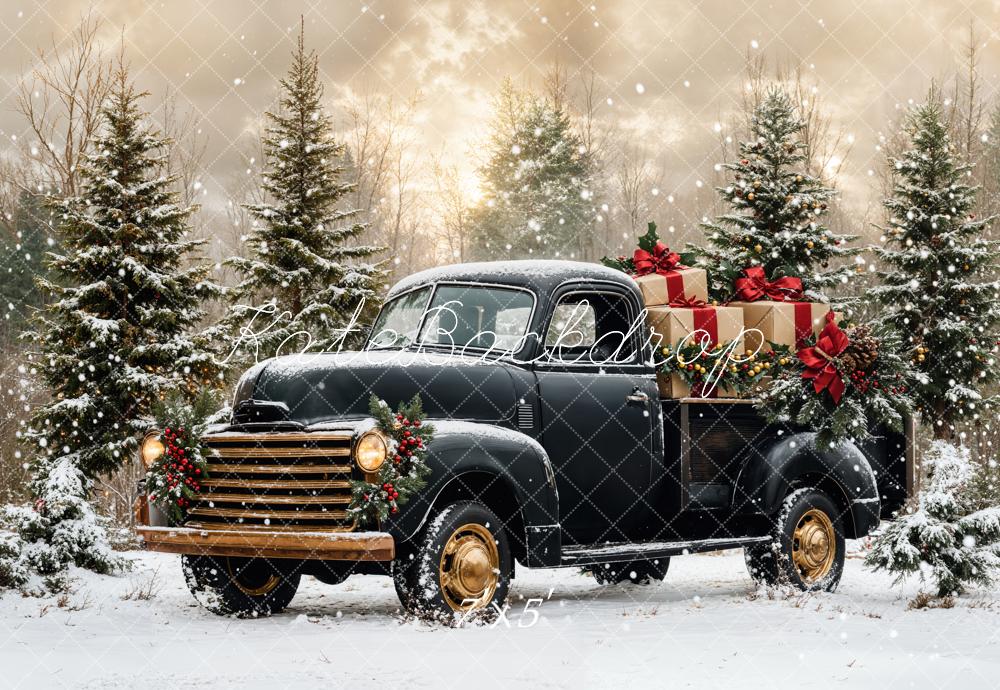 ⚡Blitzangebote #1-Kate Weihnachten Schwarzer LKW Verschneiter Wald Hintergrund - Kate Backdrop.de