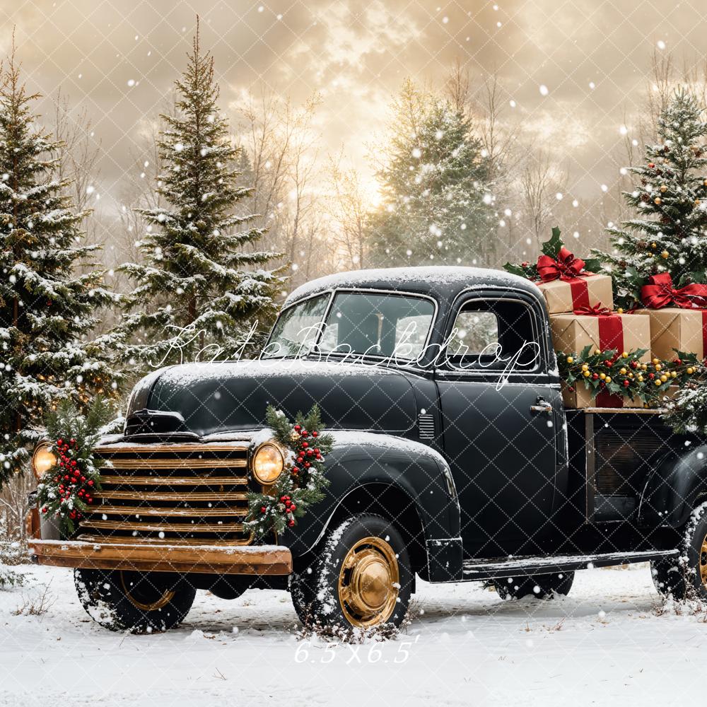 ⚡Blitzangebote #1-Kate Weihnachten Schwarzer LKW Verschneiter Wald Hintergrund - Kate Backdrop.de