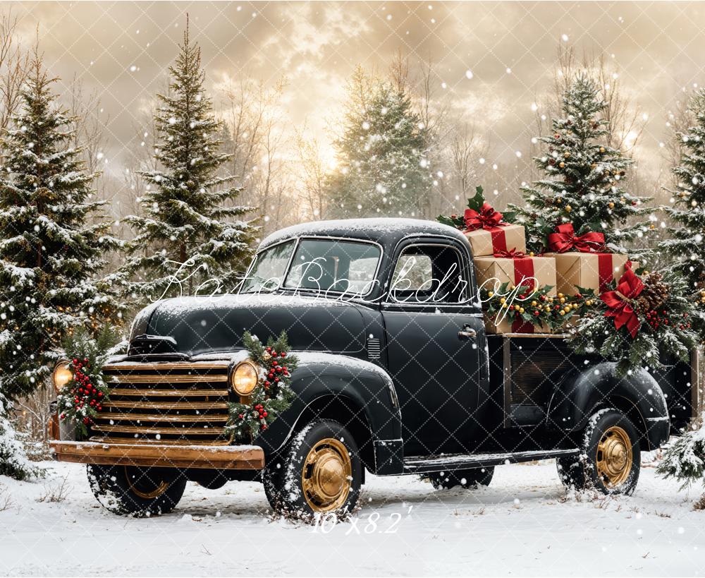 ⚡Blitzangebote #1-Kate Weihnachten Schwarzer LKW Verschneiter Wald Hintergrund - Kate Backdrop.de