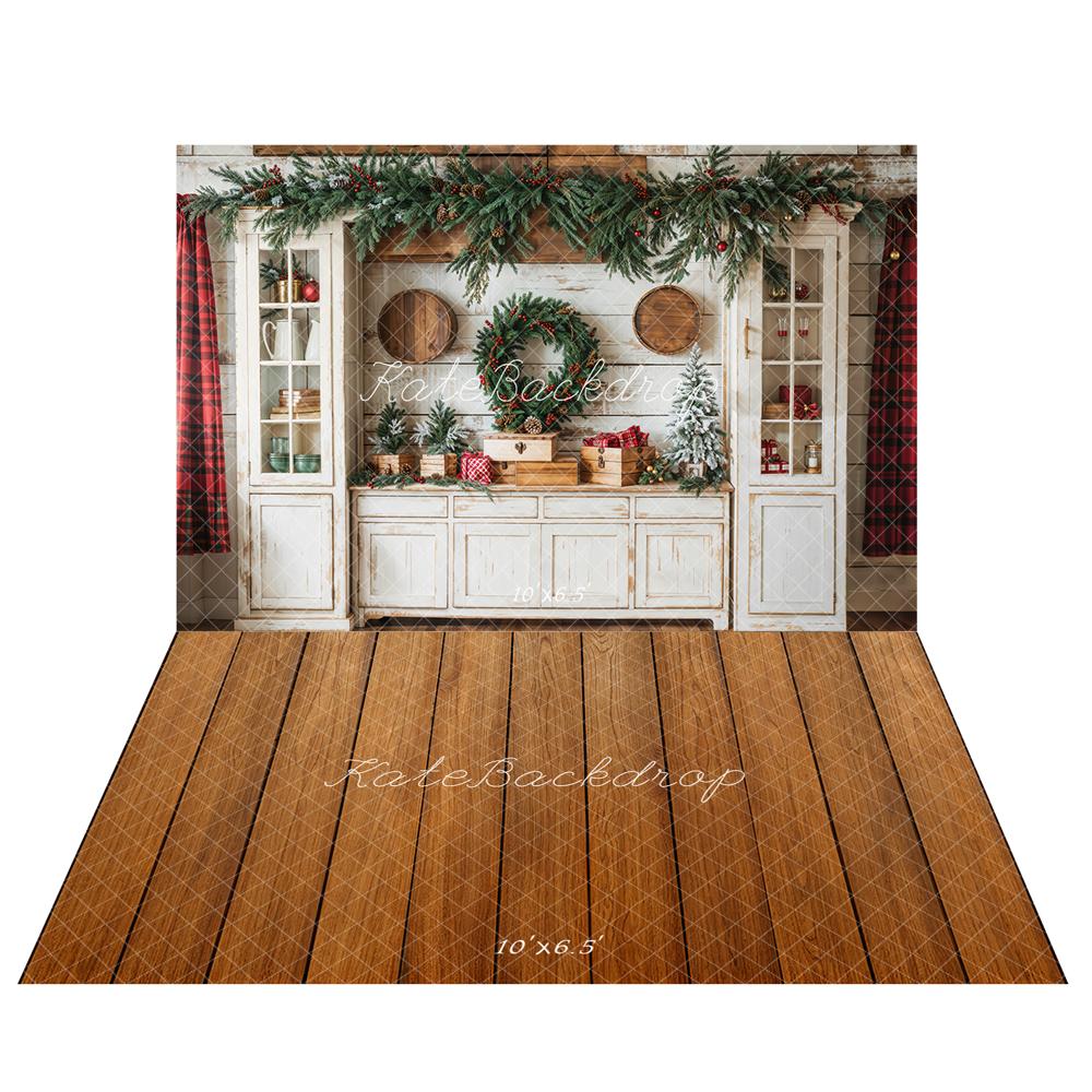 ⚡Blitzangebote #2-Kate Weihnachten Kranz Rustic Weiß Kabinett Hintergrund+Braun Holz Planke rustikalen Hintergrund - Kate Backdrop.de