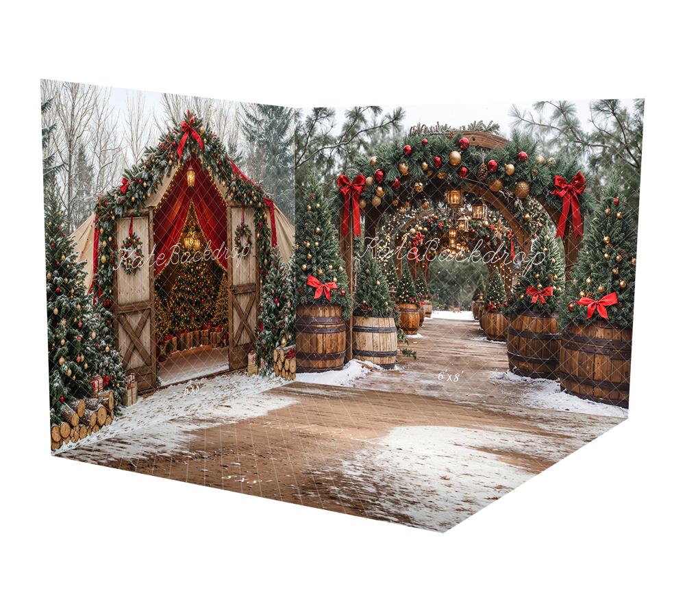 Kate Weihnachten Tannenbogen-Girlande Holzfässer Laternen Raum Hintergrund-Set