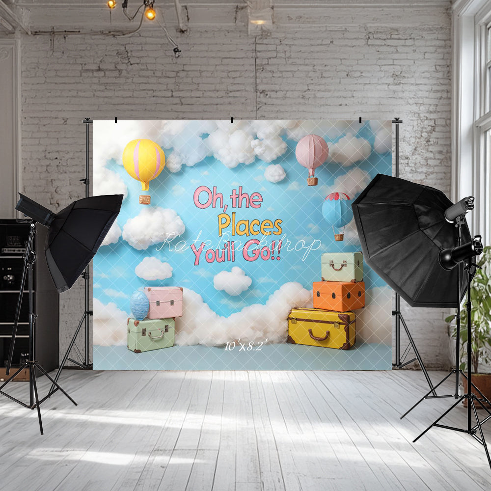 Kate Cake Smash Blaue Reise Heißluftballon Abenteuer Hintergrund entworfen von Emetselch - Kate Backdrop.de