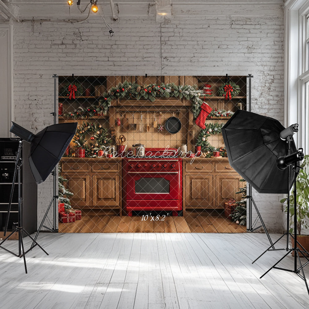 Kate Weihnachten Küchen Schrank hölzerne Girlande Hintergrund entworfen von Emetselch - Kate Backdrop.de
