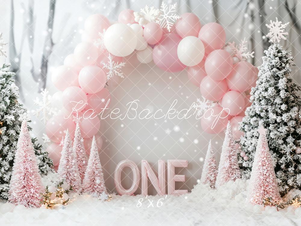 ⚡Blitzangebote #1-Kate Winter Weihnachten 1. Geburtstag Wonderland rosa Luftballon Hintergrund - Kate Backdrop.de